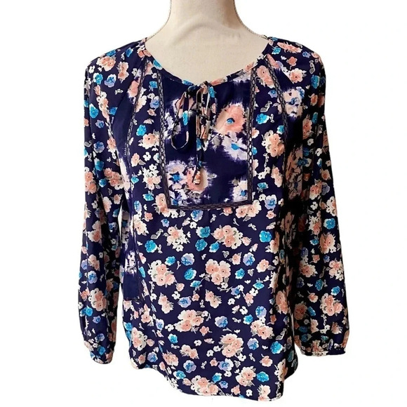 Rebecca Taylor Navy Floral Blouse with Neck Tie & Lace Inserts | Size 2 - Picture 1 of 14